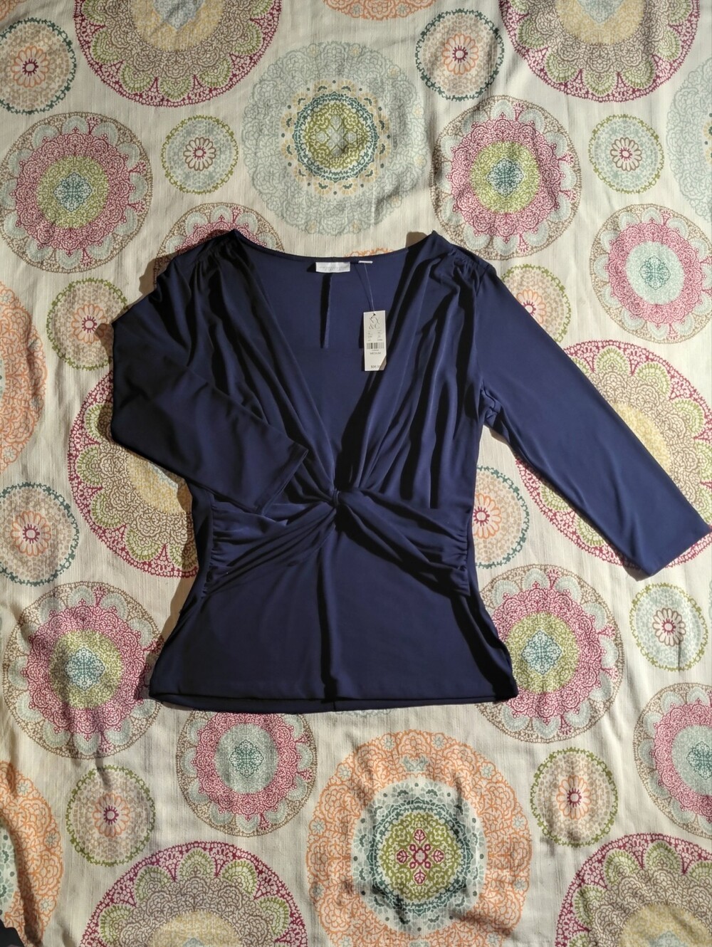 New York & Company Navy Blue Twist-Front V-Neck Top - Size Medium NWT